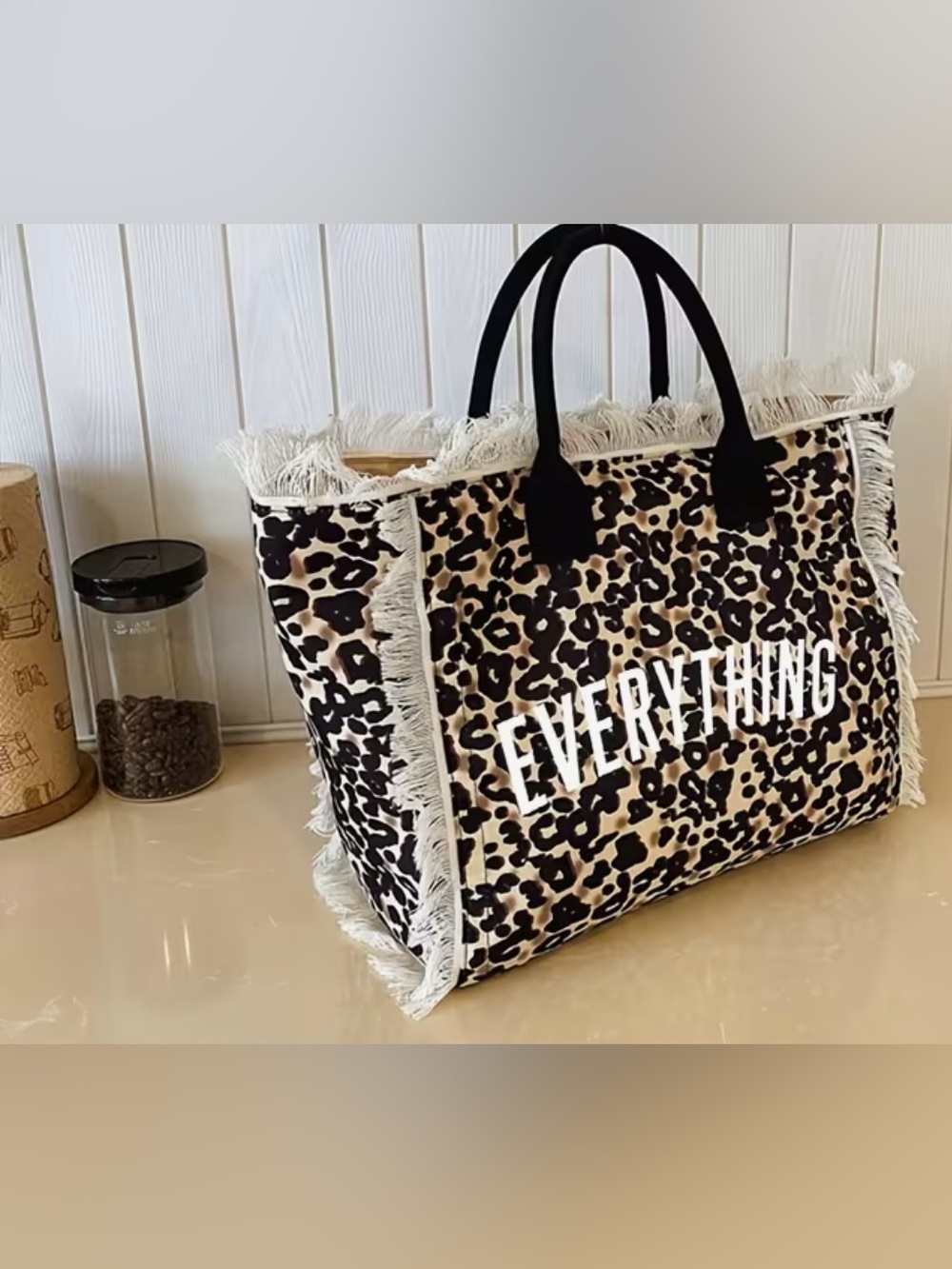 Leopard Print Fringe Tote Bag with 'EVERYTHING' Lettering - Black & Cream